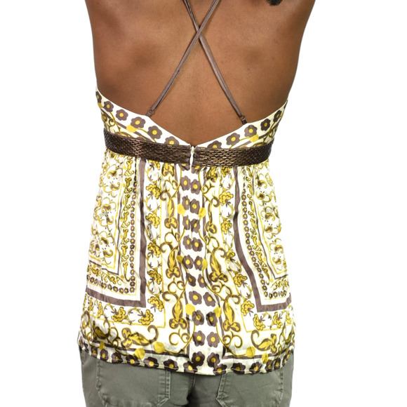 Vintage Arden B Silk Halter Top Brown Silk Beaded Scarf Baroque Print Straps XS - Picture 2 of 12